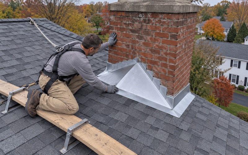 A roofer fitting a new metal cricket behind a brick chimney on a shingle roof in Bensalem Township.