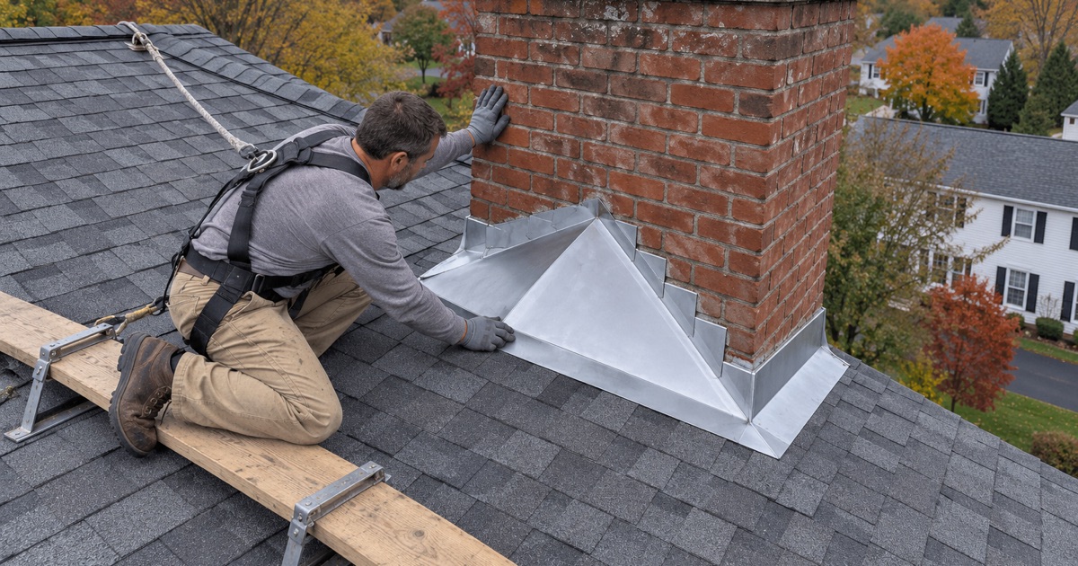 A roofer fitting a new metal cricket behind a brick chimney on a shingle roof in Bensalem Township.