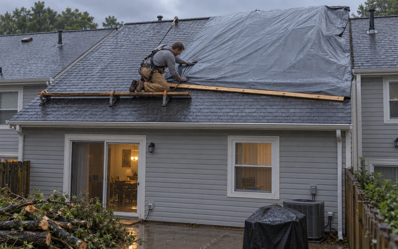 A roofer pulling a storm tarp tight over a damaged townhouse roof in Bensalem Township on a wet evening.