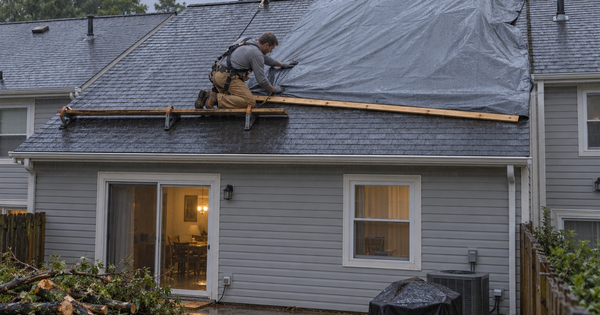 A roofer pulling a storm tarp tight over a damaged townhouse roof in Bensalem Township on a wet evening.