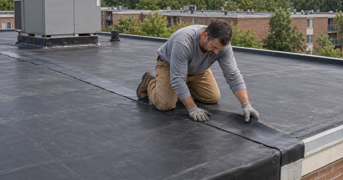 A roofer pressing a cover strip over an opened seam on the black rubber flat roof of a condominium building in Bensalem Township.