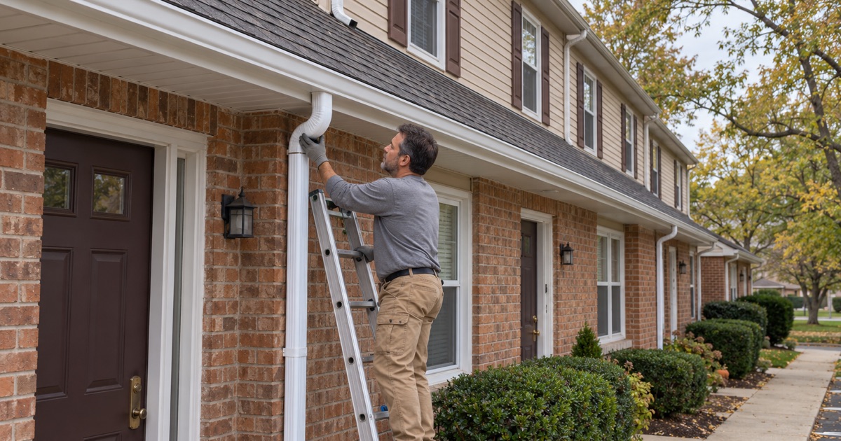 A roofer fitting the downspout elbow under a new seamless gutter on a row of townhouses in Bensalem Township.