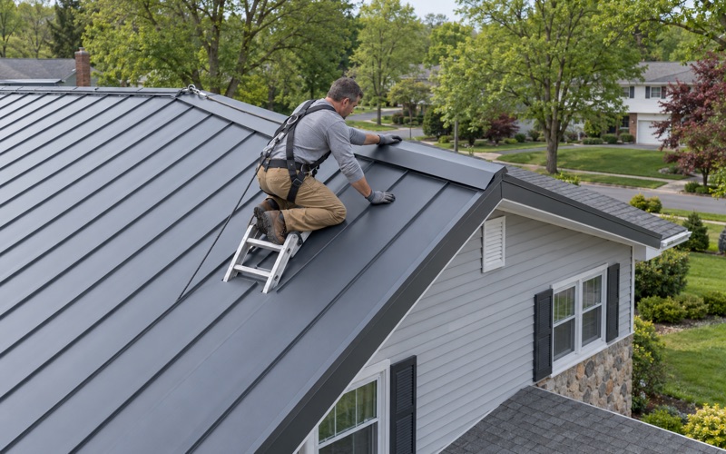 A roofer setting the ridge trim along a new charcoal standing-seam steel roof on a split-level in Bensalem Township.
