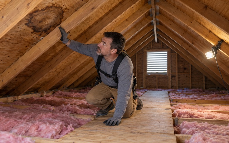 A roofer inspecting the underside of the roof deck in the attic of a 1970s colonial in Bensalem Township, checking for water stains.