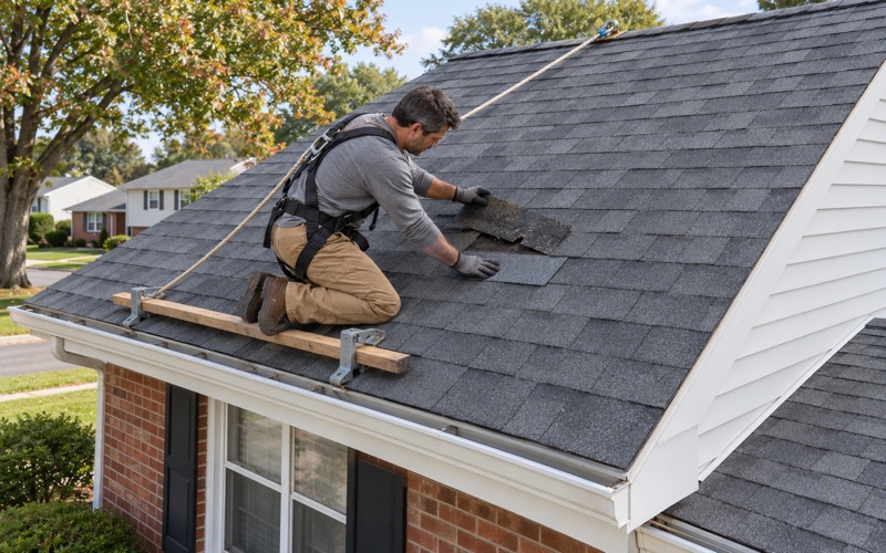 A roofer replacing a cracked shingle on the front slope of a 1970s split-level in Bensalem Township.