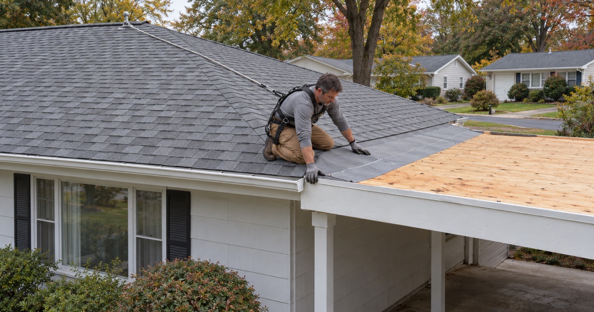 A roofer tying the new roof of a Levittown section house into the low carport roof beside it in Bristol Township.