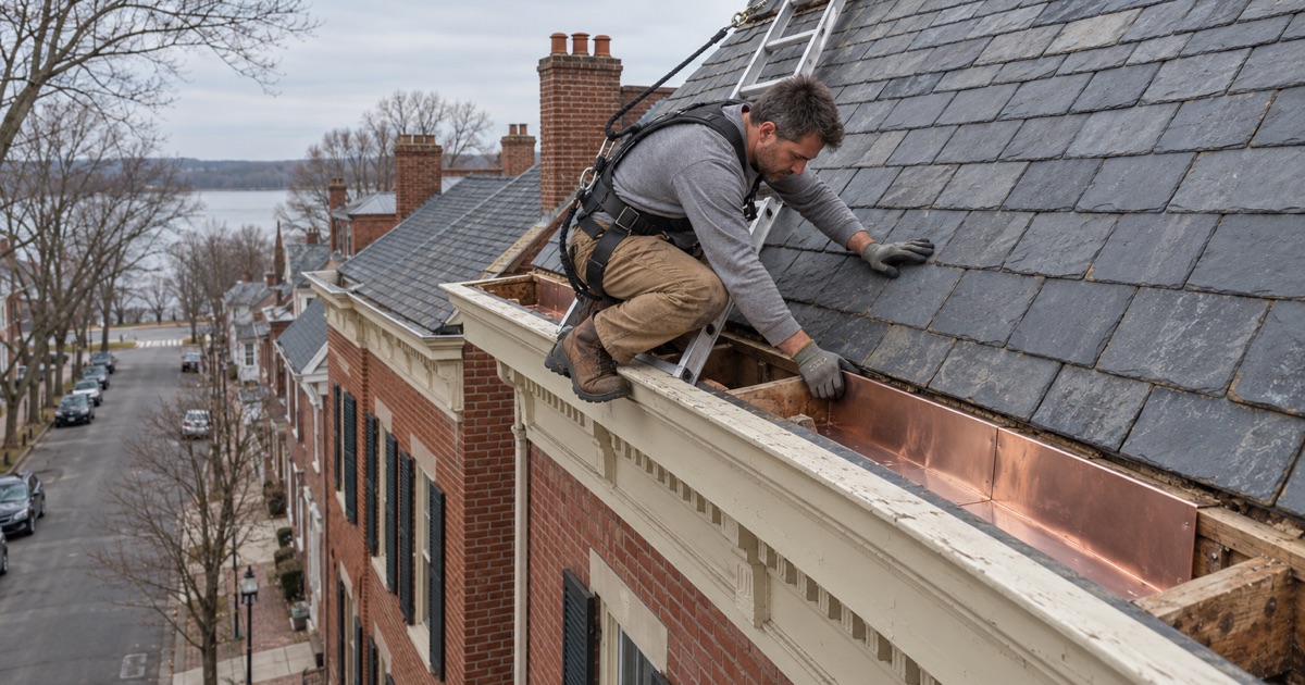 A roofer relining the built-in box gutter of a pre-1940 brick house in the river town of Bristol Borough.