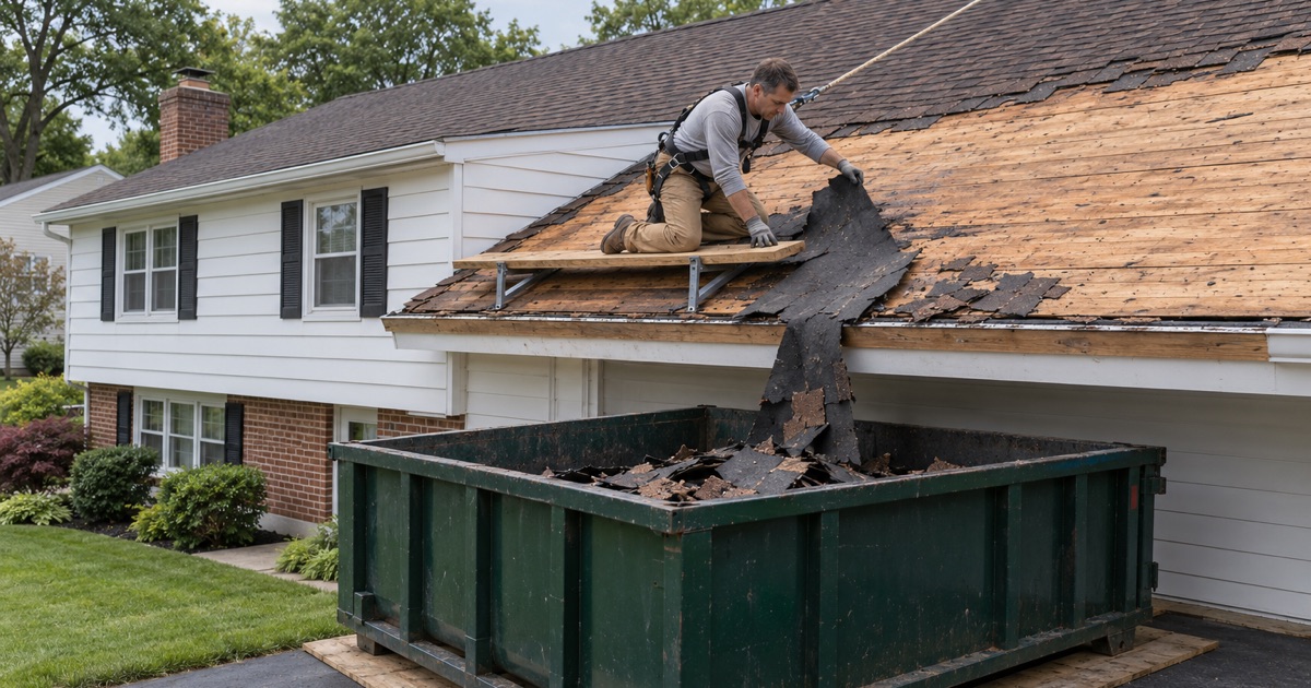 A roofer tearing off old shingles above a roll-off container parked in the driveway of a Cinnaminson split-level, never the street.