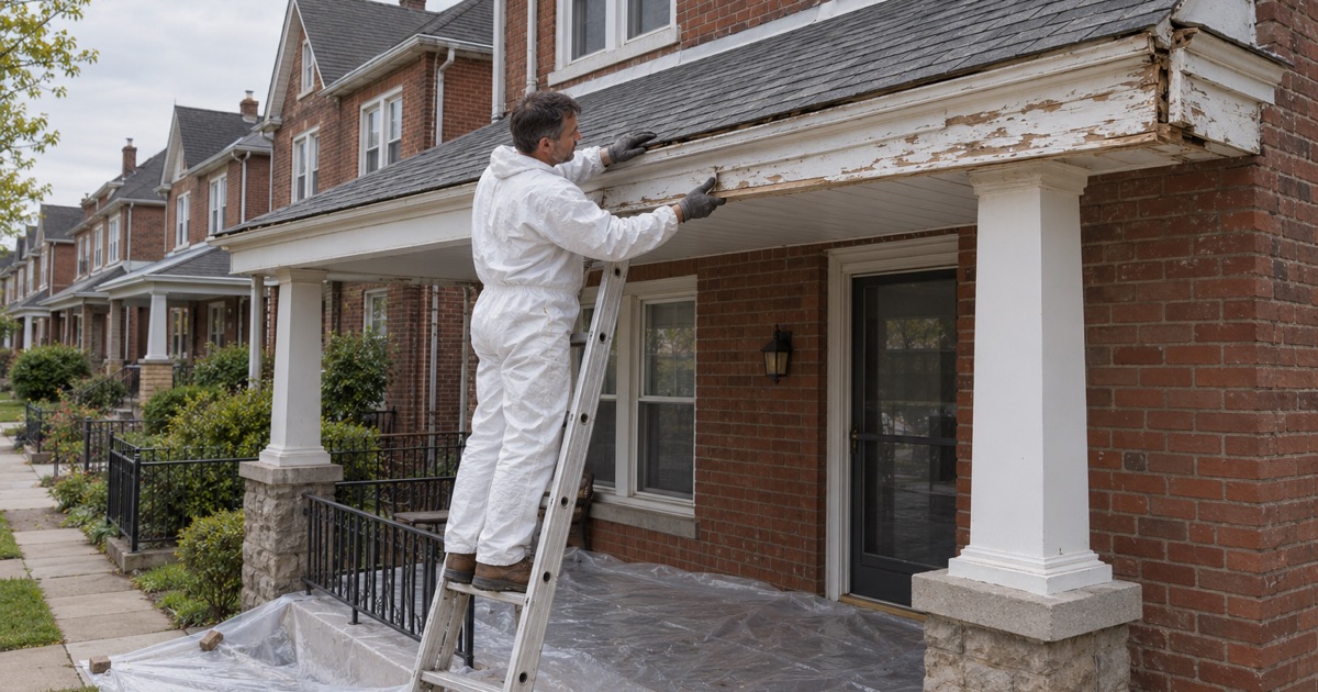 A roofer working on the painted porch cornice of a brick twin in Darby over plastic sheeting laid for lead-safe work.
