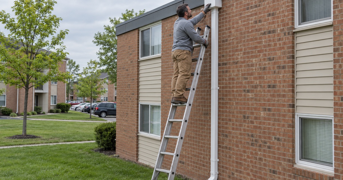 A roofer fitting a new leader head where the roof water leaves a three-story apartment building in Delran.