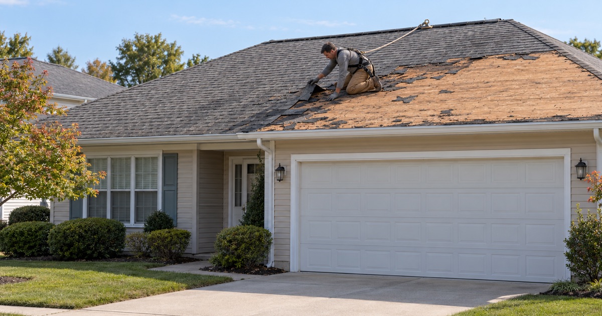 A roofer tearing off the original shingles of a one-story ranch in a 55-plus neighborhood of Edgewater Park for its first new roof.
