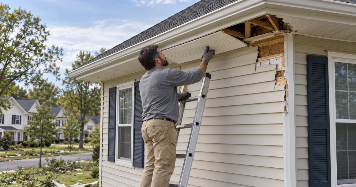 Checking the roof edge and soffit where a nighttime tornado tore siding off a Hatfield Township house