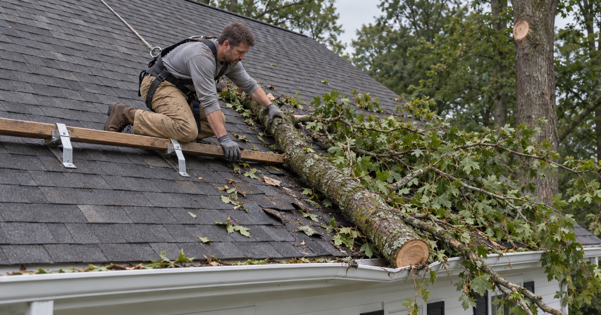 A roofer sliding a fallen limb off a colonial’s roof on a wooded Hopewell Township lot after a tornado brought trees down