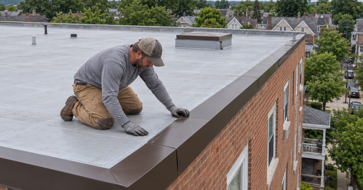 A roofer fastening new perimeter edge metal along the flat roof of a large apartment building in Lansdale.