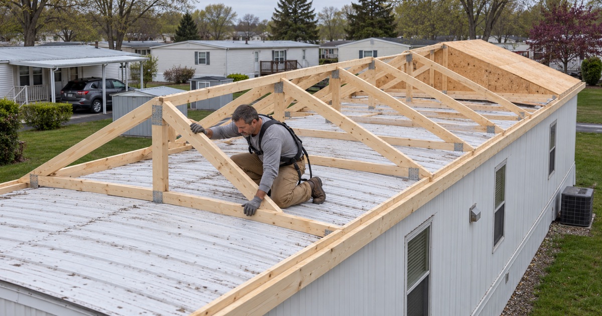 New roof-over trusses set across the flat metal roof of a single-section manufactured home in Lower Southampton.