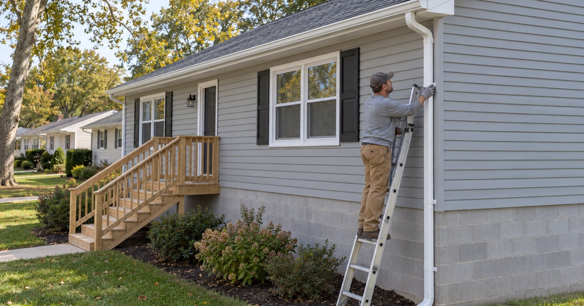 A roofer fastening the long downspout of a ranch raised a full story above the flood level in Middletown Township.