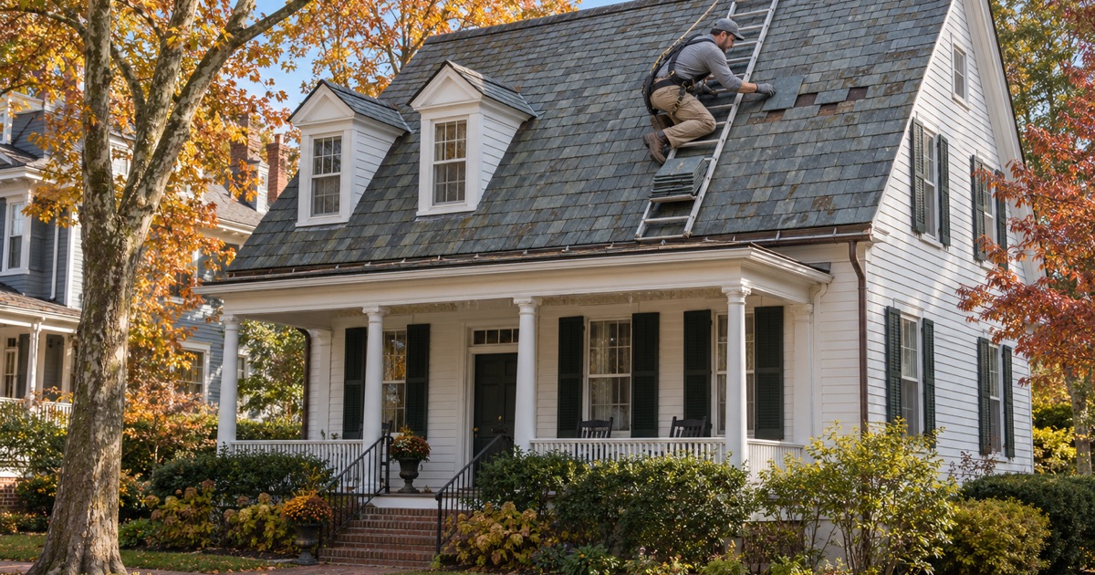A roofer matching a replacement slate against the old slate roof of a historic frame house on Main Street in Moorestown.