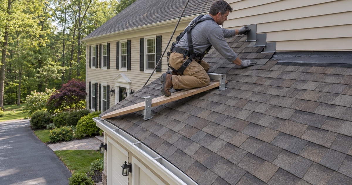 Step flashing woven up the wall as a 1980s Northampton Township colonial’s garage wing gets its second roof