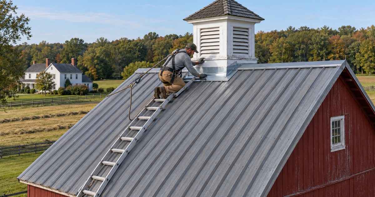 A roofer re-flashing the cupola at the ridge of an old barn on a preserved farm in Southampton.