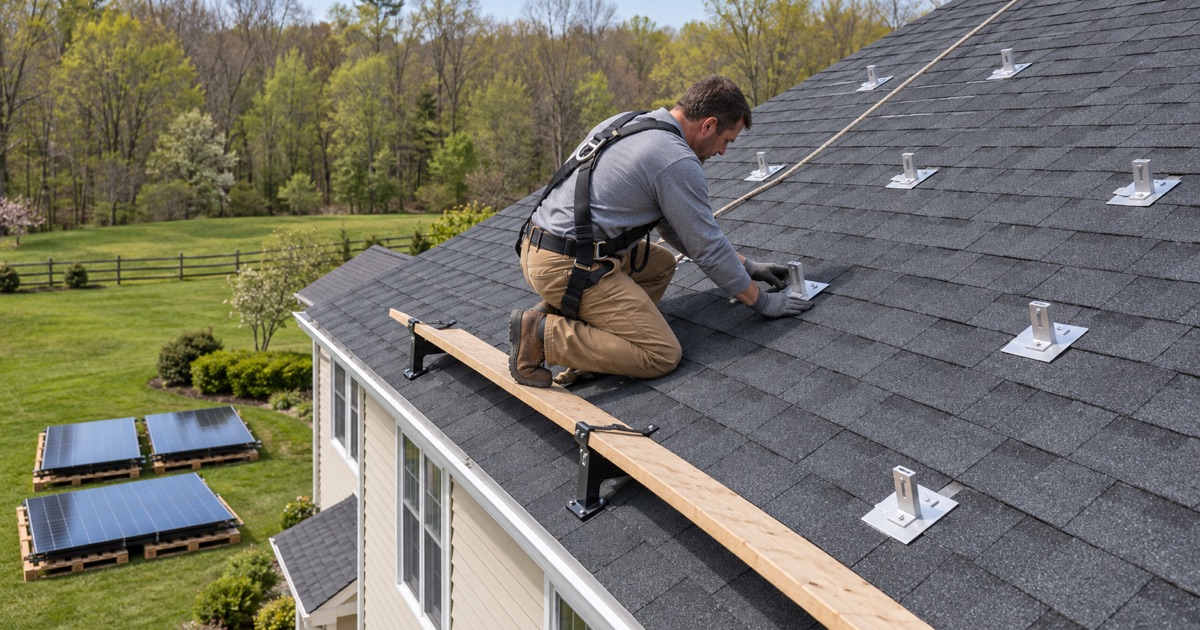 A roofer re-roofing the rear slope of a Warwick Township house around the flashed solar mounts, the panels lifted off and laid on the lawn.
