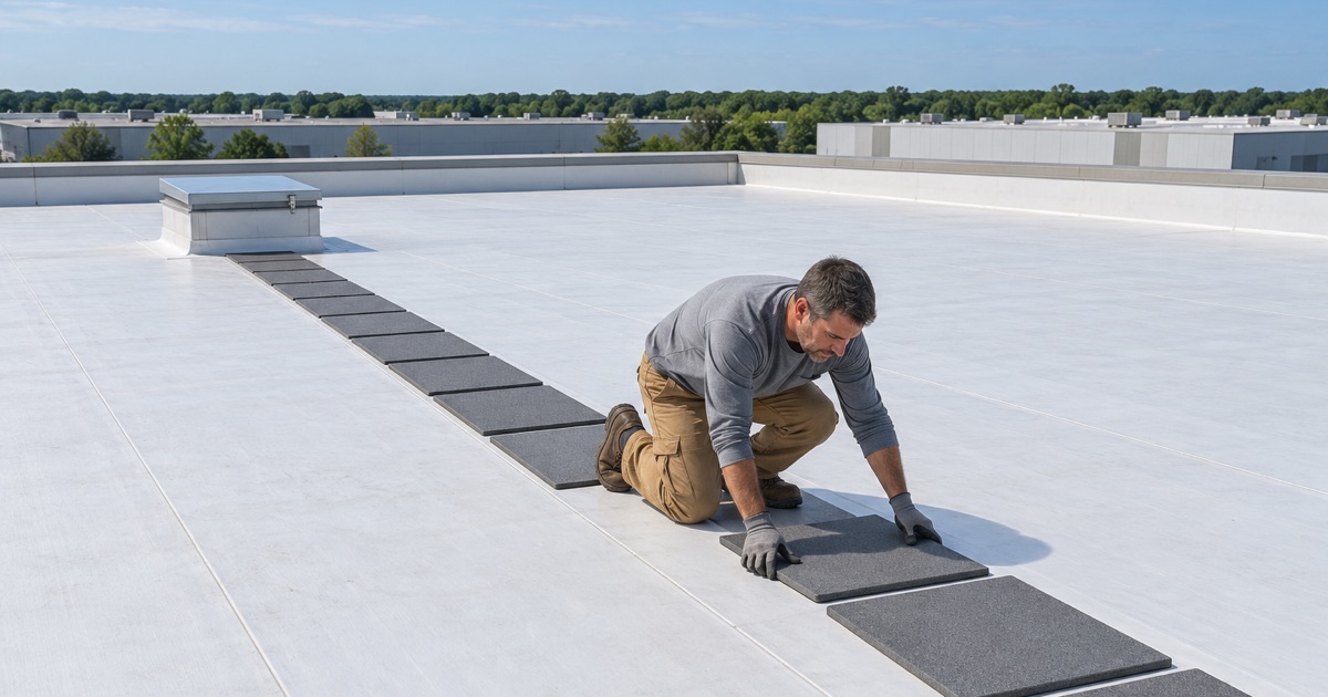 A roofer setting walkway pads across the new white membrane roof of a large distribution warehouse in Westampton.