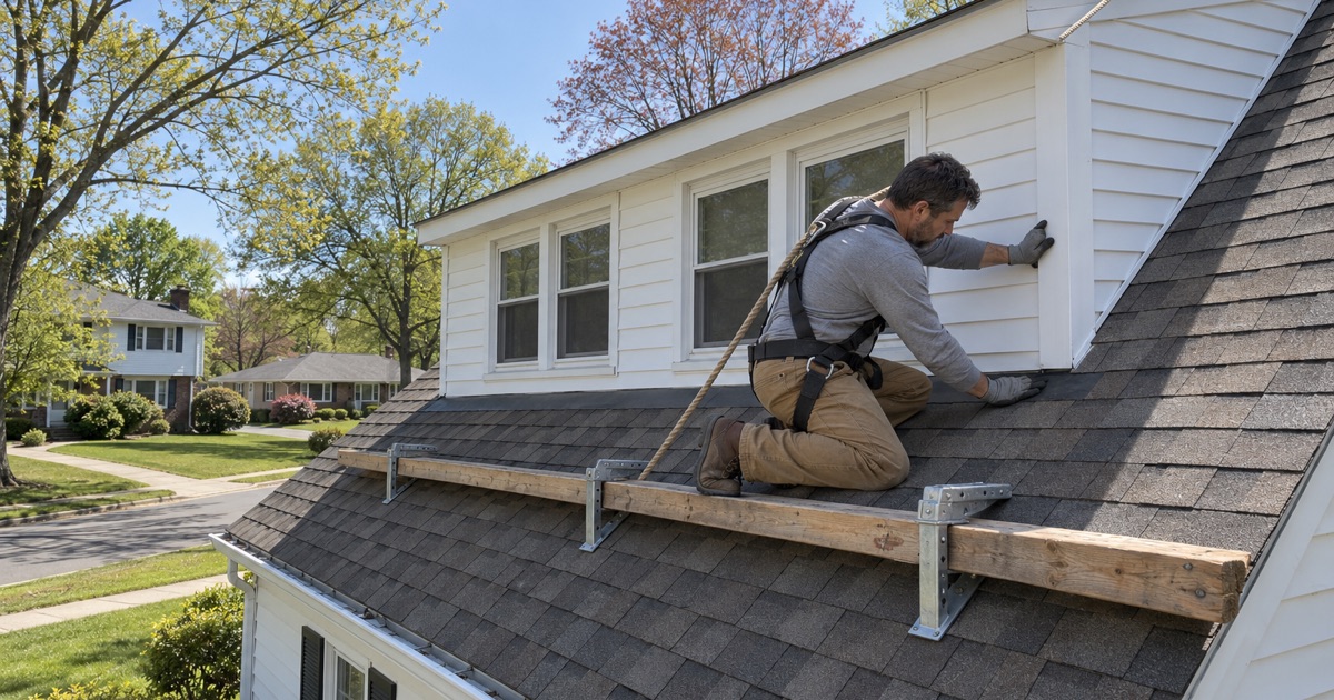 A roofer re-roofing a Levitt Cape Cod in Willingboro where a later full-width dormer was built onto the original roof.