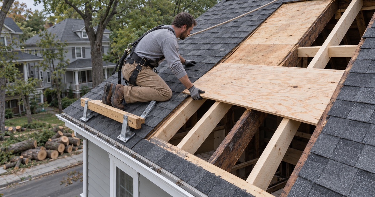 New decking going over new rafters where a tree came through the roof of an older Woodbury house