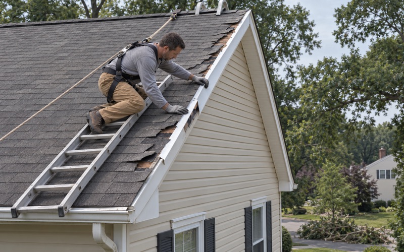 A roofer refitting wind-torn rake trim and shingles along the gable edge of a colonial in Bensalem Township after a storm.